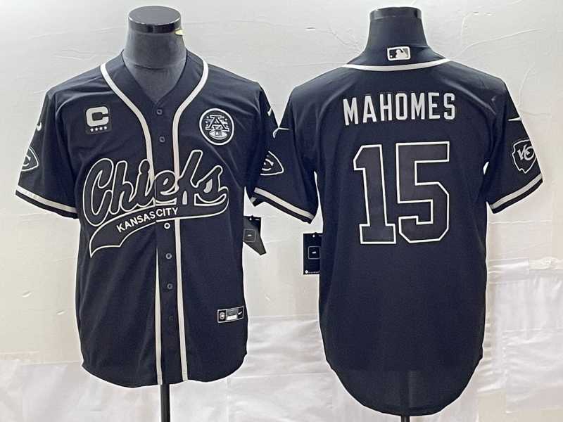 Mens Kansas City Chiefs #15 Patrick Mahomes Black C Patch Cool Base Stitched Baseball Jersey